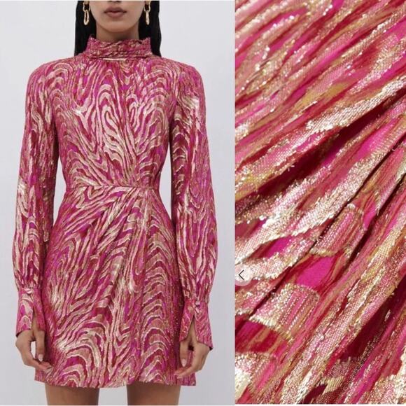 NWT Jonathan Simkhai Halen Ruched Metallic fil coupé silk-blend moire Dress - Picture 3 of 12